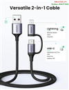 Cáp sạc, dữ liệu 2 in 1 USB A sang Lightning+Type-C 3A dài 1M Ugreen 50792 cao cấp (Đen bọc dù)