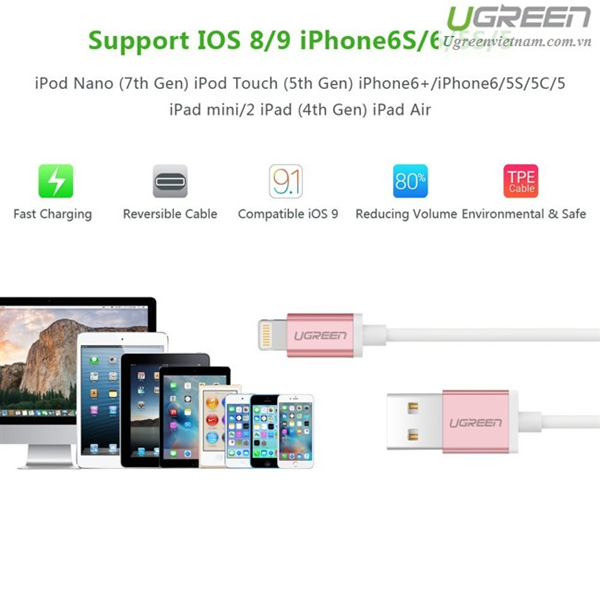 Dây sạc iPhone 6/6S/6Plus, iPad 4/5 MFI Cáp sạc lightning USB  dài 2m  Ugreen UG-10467