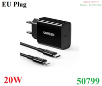 Bộ củ sạc nhanh 20W kèm cáp Type-C to Lightning dài 1M Ugreen 50799 cao cấp (EU)