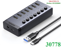 Bộ HUB chia 7 cổng USB 3.0 5Gbps vỏ nhôm, công tắc Ugreen 30778 (kèm nguồn 12V2A) cao cấp