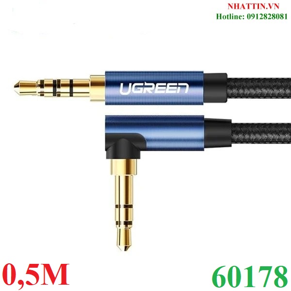 Cáp audio âm thanh AUX 3.5mm bện Nylon bẻ góc 90 độ dài 0,5M Ugreen 60178 cao cấp (Blue)