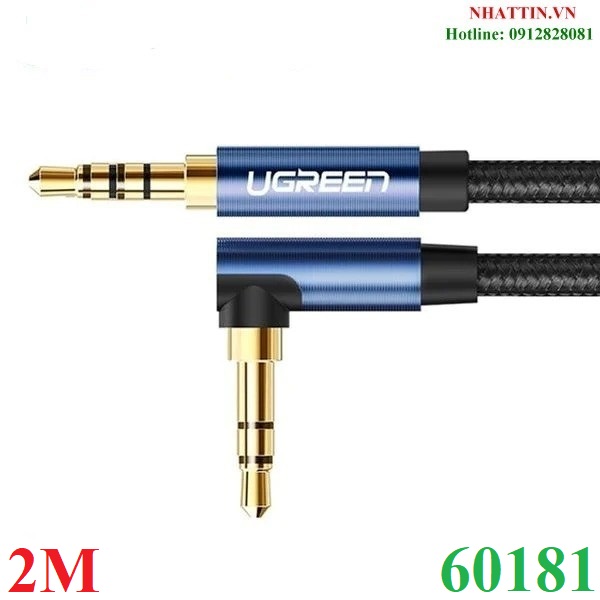 Cáp audio âm thanh AUX 3.5mm bện Nylon bẻ góc 90 độ dài 2M Ugreen 60181 cao cấp (Blue)