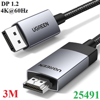 Cáp chuyển đổi Displayport to HDMI dài 3M hỗ trợ 4K60Hz, 2K144Hz, 1080p240Hz Ugreen 25491 cao cấp