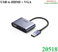 Cáp chuyển đổi USB 3.0 sang HDMI + VGA 1080P/60Hz Ugreen 20518 cao cấp