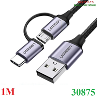 Cáp sạc, dữ liệu 2 in 1 USB A sang USB Micro + Type-C dài 1M Ugreen 30875 Sạc nhanh, bện dù, cao cấp