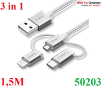 Cáp sạc, dữ liệu 3 trong 1 USB Micro/Type-C/Lightning dài 1,5M Ugreen 50203 (Màu bạc)