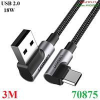 Cáp sạc nhanh 18W, dữ liệu USB-A to USB Type-C chuẩn 2.0 bẻ góc 90 độ đầu dài 3M Ugreen 70875