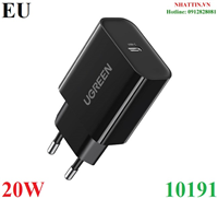 Củ sạc nhanh 20W chuẩn USB Type-C PD 3.0 hỗ trợ QC 4.0 Ugreen 10191 chính hãng (EU)