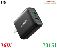 Củ sạc nhanh 36W 2 cổng USB Type-A 18W Ugreen 70151 cao cấp (US)