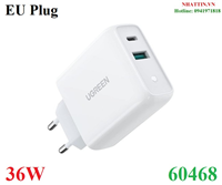 Củ sạc nhanh 36W 2 cổng USB Type-A & Type-C 18W Ugreen 60468 cao cấp (EU)