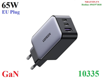 Củ sạc nhanh 65W GaN 3 cổng USB Type-C x2 USB Type-A x1 Hỗ trợ QC4+, PD3.0 Ugreen 10335 cao cấp (EU)