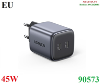 Củ sạc nhanh Nexode GaN 45W 2 cổng USB Type-C x2 Hỗ trợ QC4+, PD3.0 Ugreen 90573 cao cấp (EU)