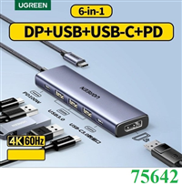 Hub 6 in 1 USB-C sang Displayport, USB-A 3.0 x3, USB-C x1, sạc PD 100W hỗ trợ 4K/60Hz Ugreen 75642