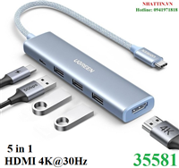 Hub Revodok USB Type-C 5 trong 1 ra HDMI 4K@30Hz, USB 3.0, Sạc PD 100W Ugreen 35581 cao cấp