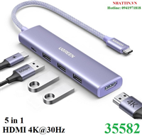 Hub Revodok USB Type-C 5 trong 1 ra HDMI 4K@30Hz, USB 3.0, Sạc PD 100W Ugreen 35582 cao cấp