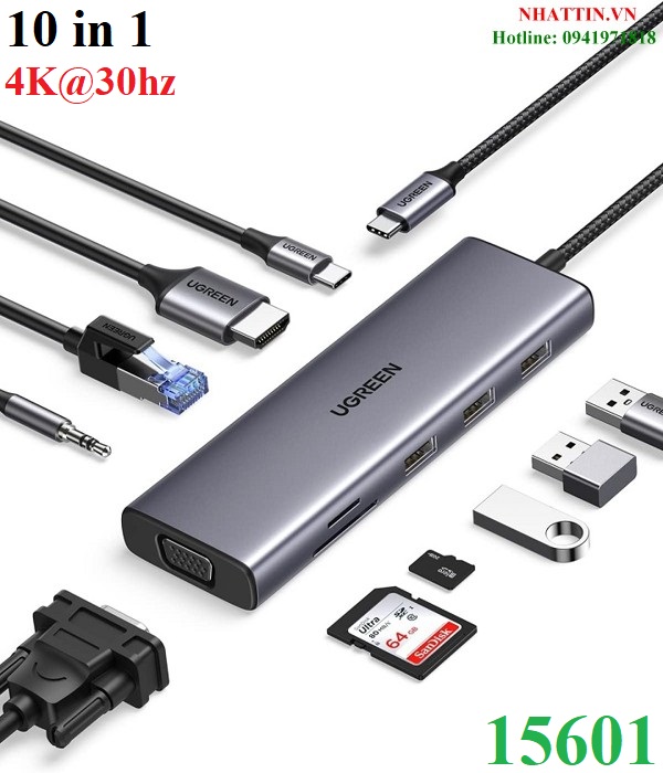 Hub USB Type-C 10 trong 1 ra HDMI, VGA, USB, Lan 1Gbps, 3.5mm, SD/TF, Sạc PD 100W Ugreen 15601