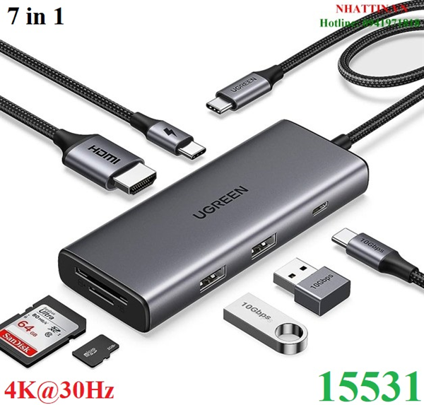 Hub USB Type-C 7 trong 1 ra HDMI 4K@30Hz, USB Type-C, USB-A 3.2, SD/TF, Sạc PD 100W Ugreen 15531