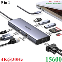 Hub USB Type-C 9 trong 1 ra HDMI 4K@30Hz, VGA, USB 3.0, Lan 1Gbps, SD/TF, Sạc PD 100W Ugreen 15600