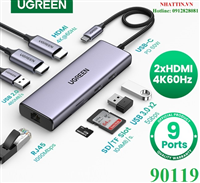 Thiết bị mở rộng 9 in 1 USB Type-C ra 2 cổng HDMI/USB/LAN Gigabit/PD 60W/SD/ TF Ugreen 90119 cao cấp