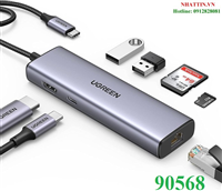 Thiết bị mở rộng Type-C 7 in 1 Sang HDMI 4K@30HZ + USB 3.0*2 + SD/TF + PD 100W Ugreen 90568 cao cấp
