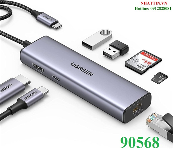 Thiết bị mở rộng Type-C 7 in 1 Sang HDMI 4K@30HZ + USB 3.0*2 + SD/TF + PD 100W Ugreen 90568 cao cấp