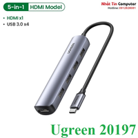 Thiết bị mở rộng USB Type C to HDMI 4K@30Hz kèm Hub 4 cổng USB 3.0 Ugreen 20197 cao cấp